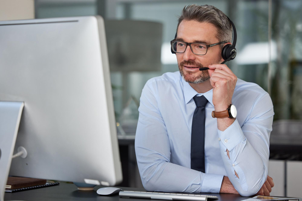 Specialist B2B telemarketing agent talking on the phone with customer.